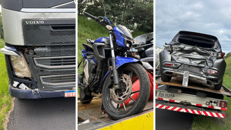 Batida entre carro, moto e caminhão deixa três feridos na Bandeirantes em Vinhedo