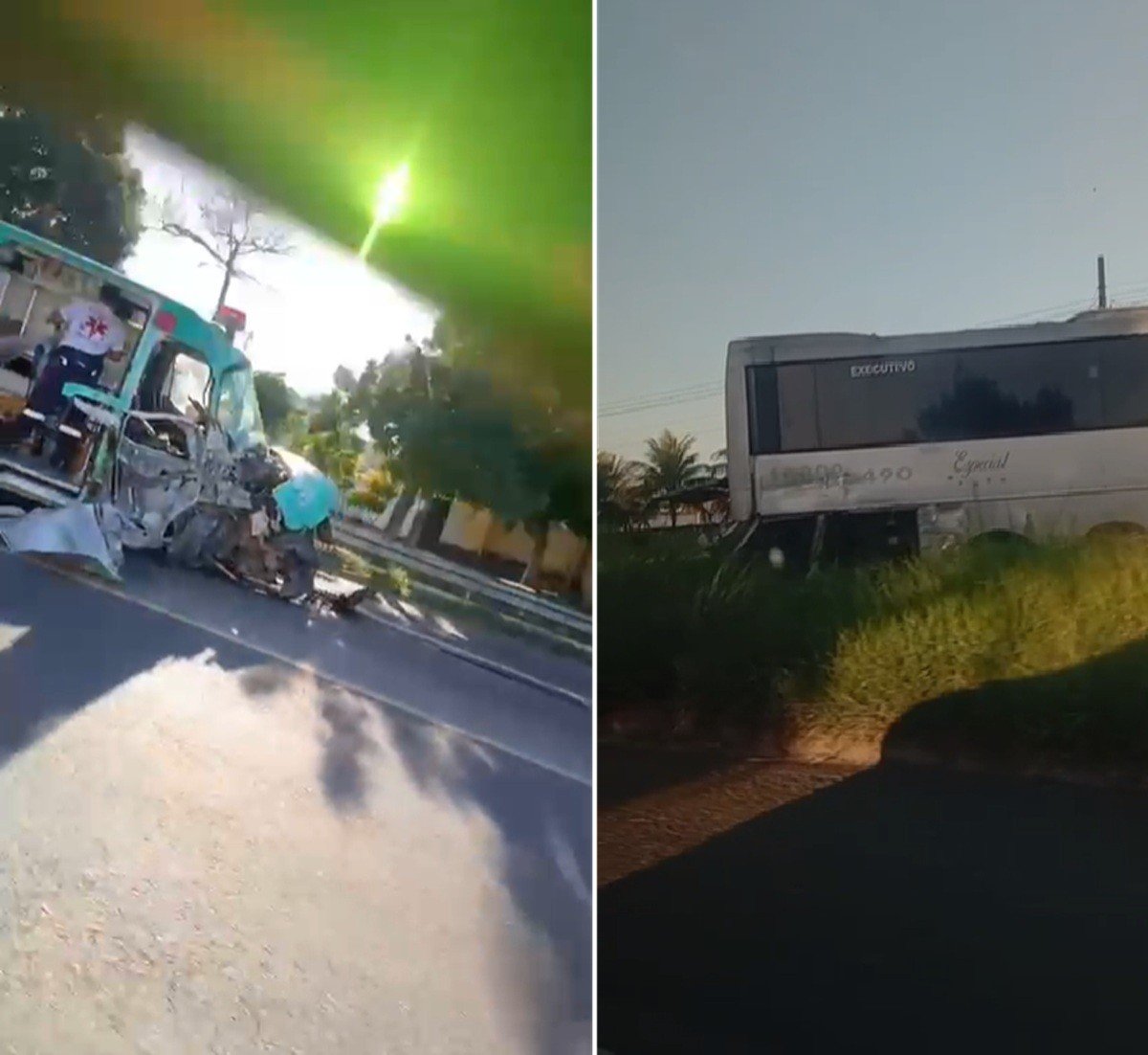 Ambulância e ônibus se envolvem em acidente na BR-101, em Campos, e deixam três feridos