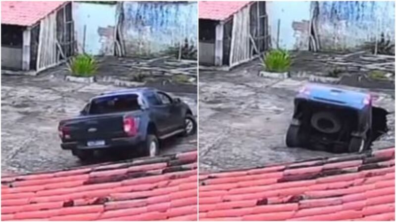 Caminhonete com padre é ‘engolida’ por buraco após cratera se abrir em terreno de casa paroquial no Ceará; vídeo