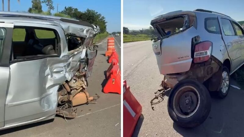 Carro tem traseira destruída após acidente com caminhão em Limeira