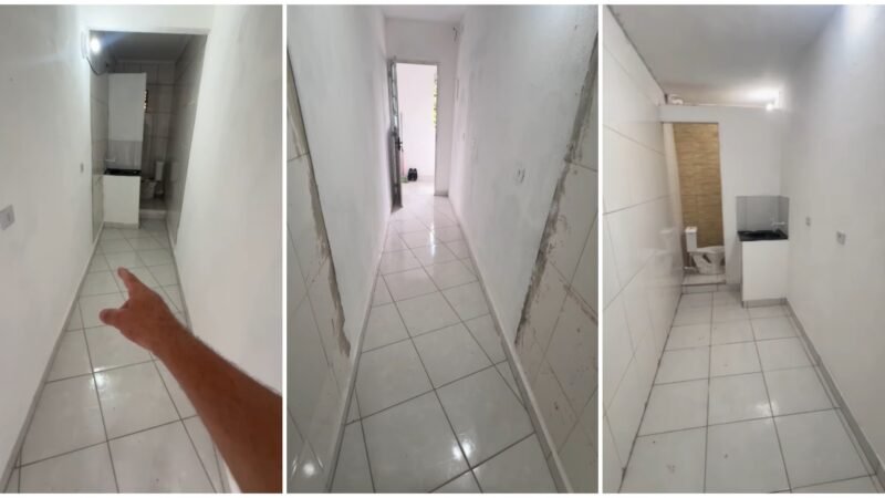 ‘Kitnet corredor’ que bombou na internet comporta só colchão de solteiro, frigobar e TV na parede