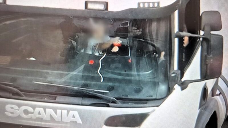 Foto flagra criança segurando volante de caminhão enquanto motorista usa celular em SC